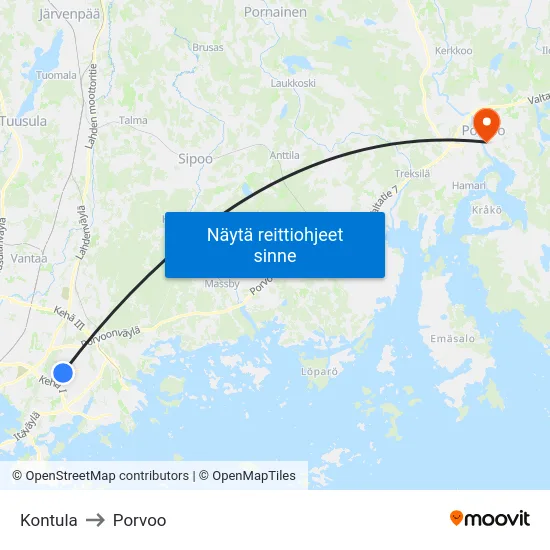 Kontula to Porvoo map