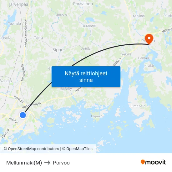 Mellunmäki(M) to Porvoo map
