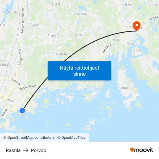 Rastila to Porvoo map