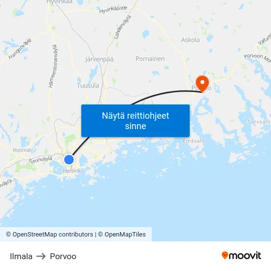 Ilmala to Porvoo map
