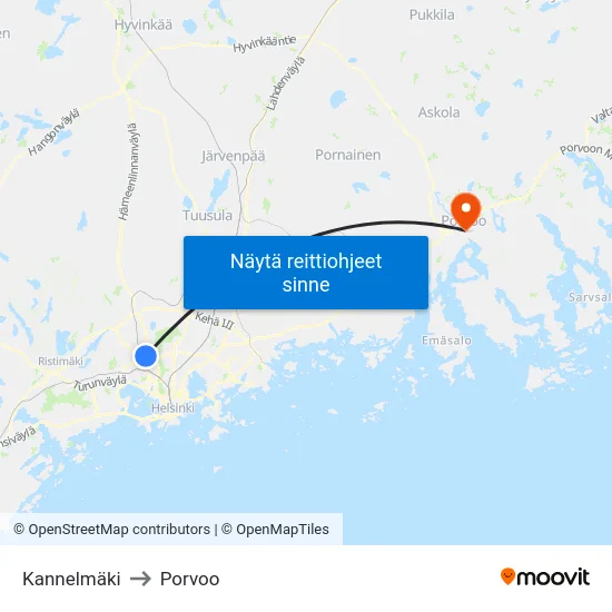 Kannelmäki to Porvoo map
