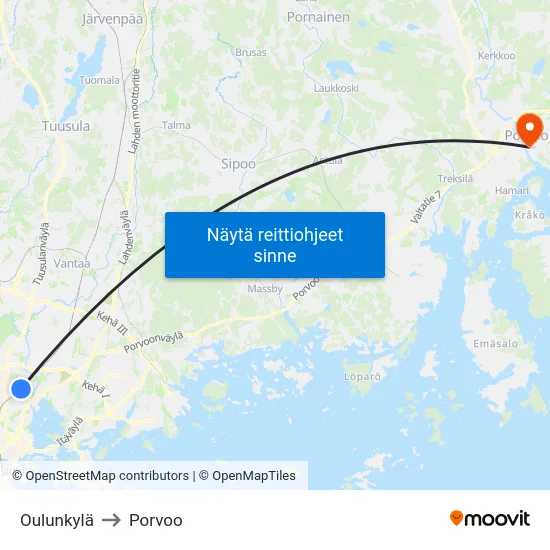 Oulunkylä to Porvoo map