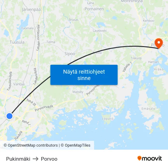 Pukinmäki to Porvoo map