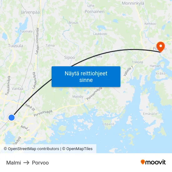 Malmi to Porvoo map