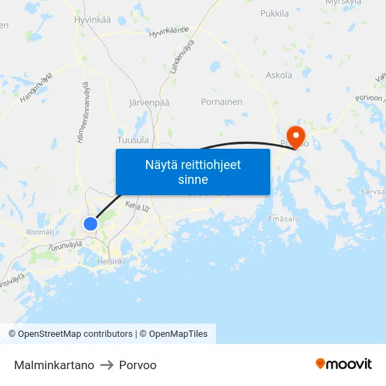 Malminkartano to Porvoo map