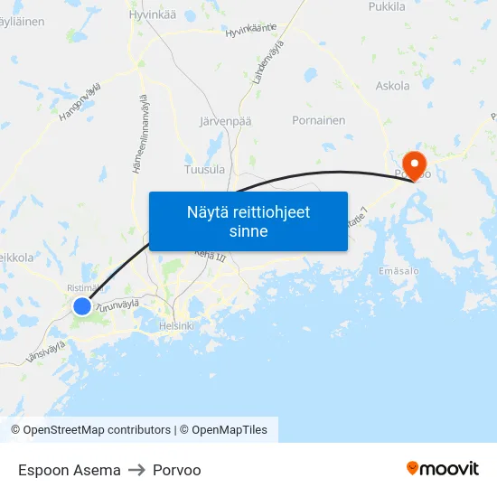 Espoon Asema to Porvoo map