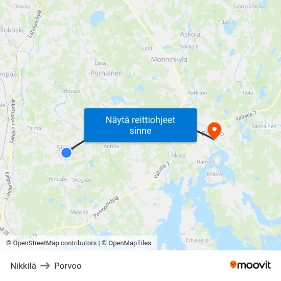 Nikkilä to Porvoo map