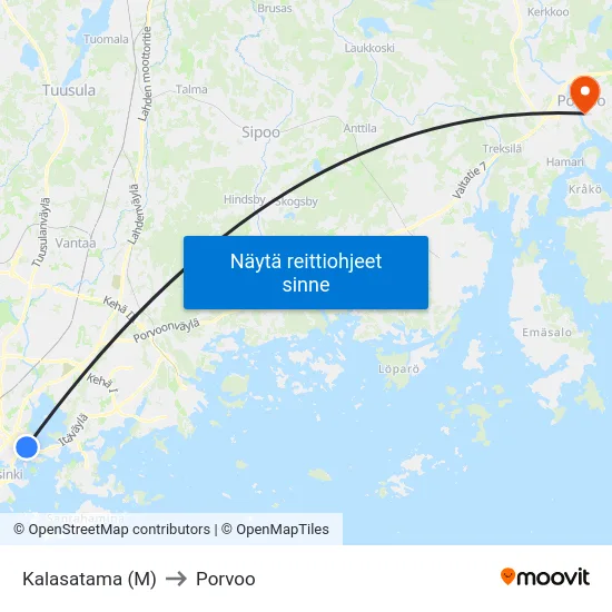 Kalasatama (M) to Porvoo map
