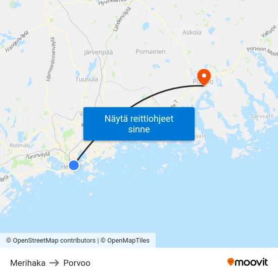 Merihaka to Porvoo map
