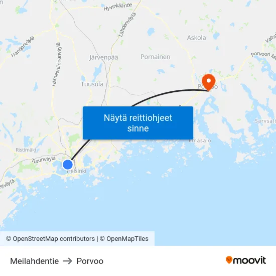 Meilahdentie to Porvoo map