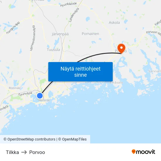 Tilkka to Porvoo map