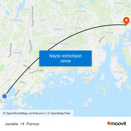 Junatie to Porvoo map