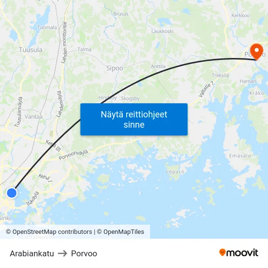 Arabiankatu to Porvoo map