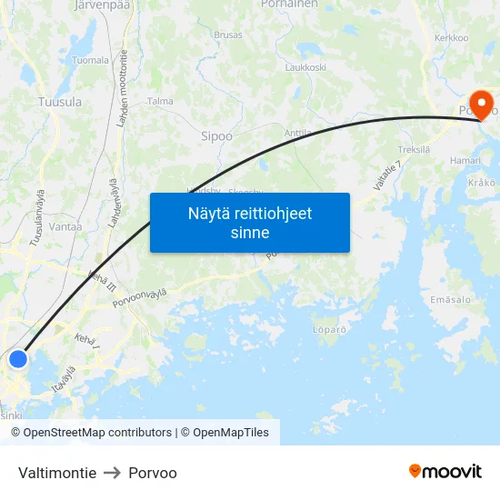 Valtimontie to Porvoo map