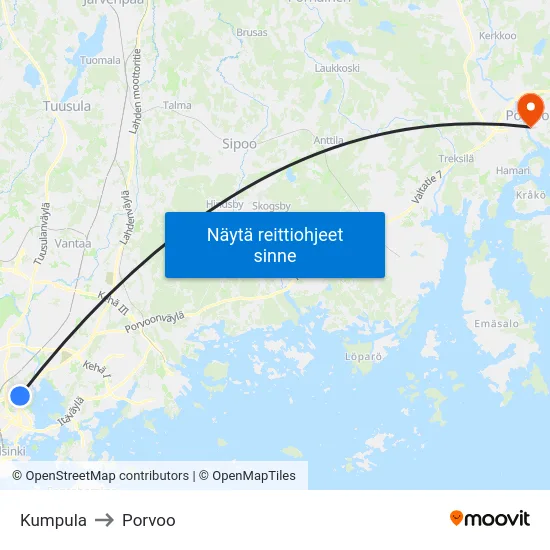 Kumpula to Porvoo map