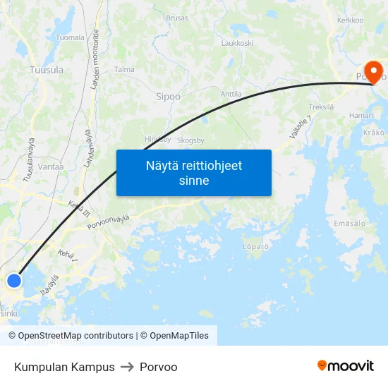 Kumpulan Kampus to Porvoo map