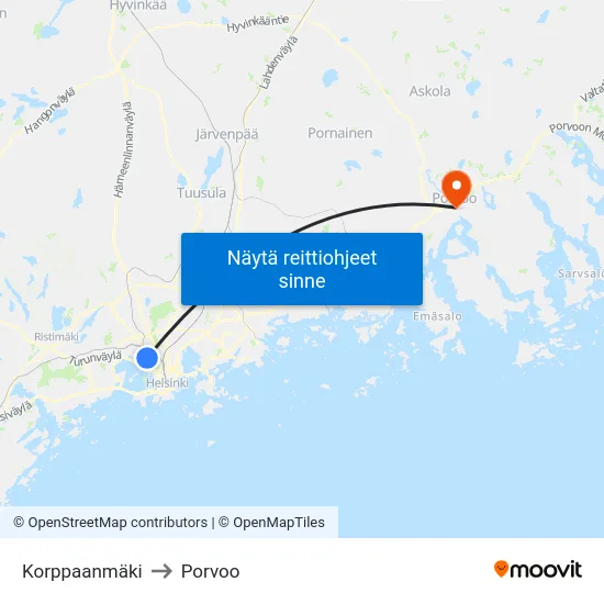 Korppaanmäki to Porvoo map