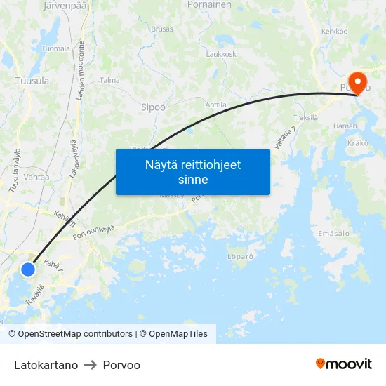 Latokartano to Porvoo map