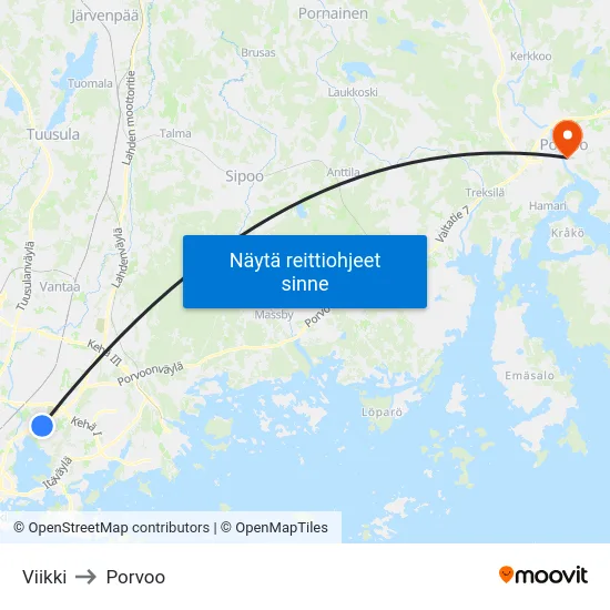Viikki to Porvoo map