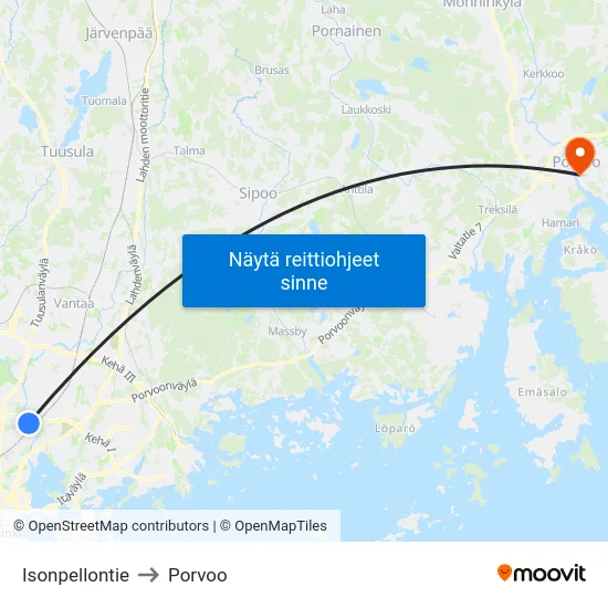 Isonpellontie to Porvoo map