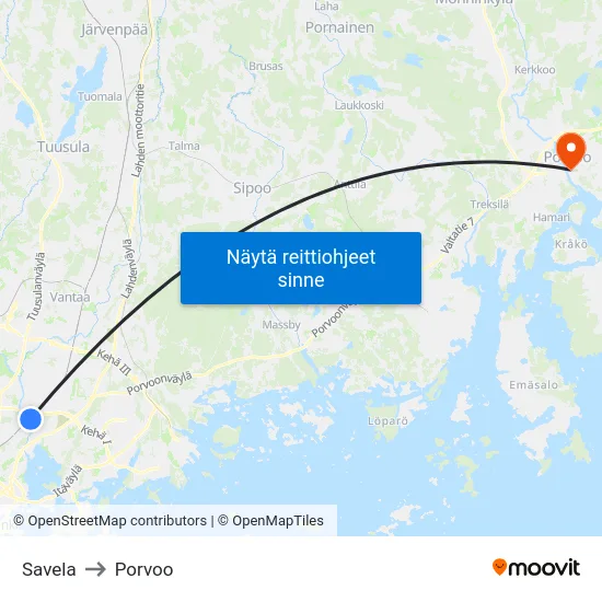 Savela to Porvoo map
