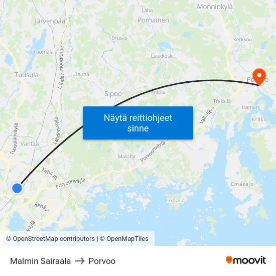 Malmin Sairaala to Porvoo map
