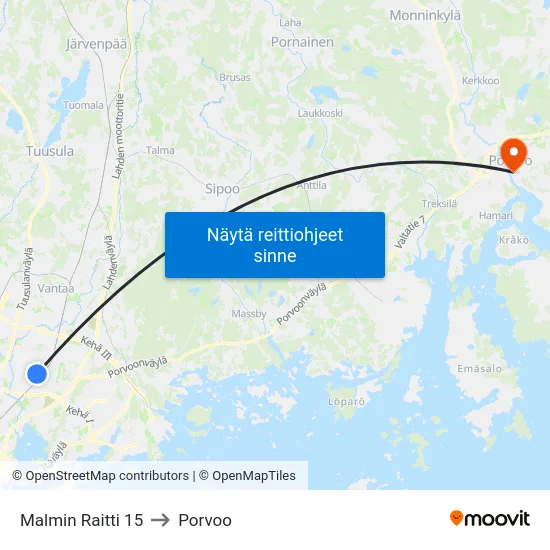 Malmin Raitti 15 to Porvoo map