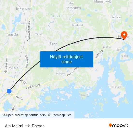 Ala-Malmi to Porvoo map