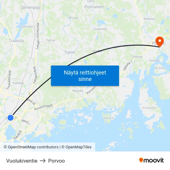 Vuolukiventie to Porvoo map