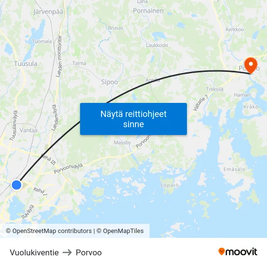 Vuolukiventie to Porvoo map