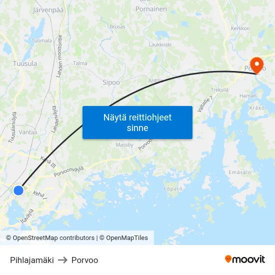 Pihlajamäki to Porvoo map