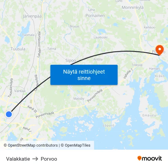 Valakkatie to Porvoo map