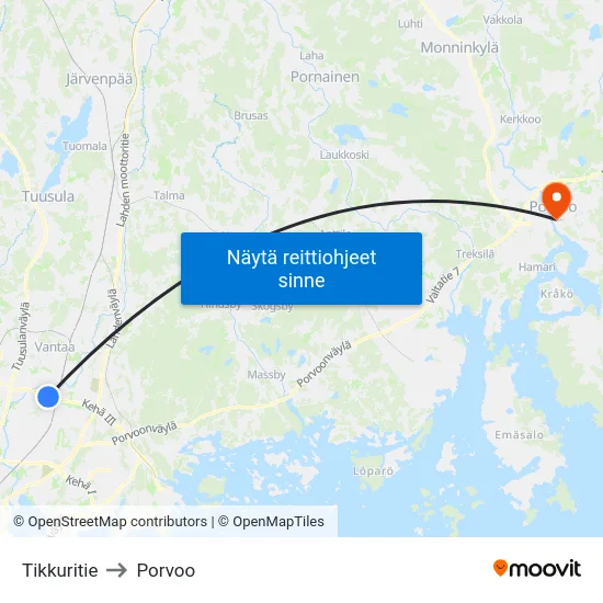 Tikkuritie to Porvoo map