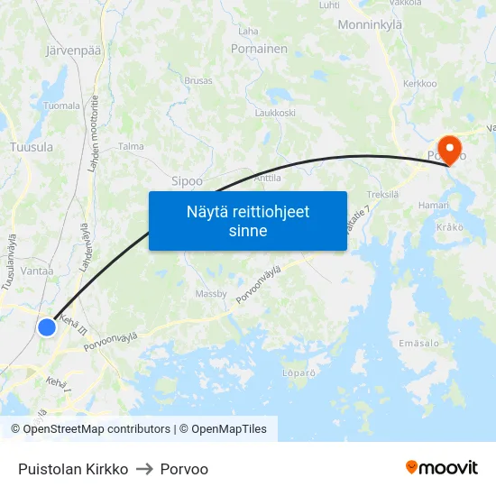 Puistolan Kirkko to Porvoo map