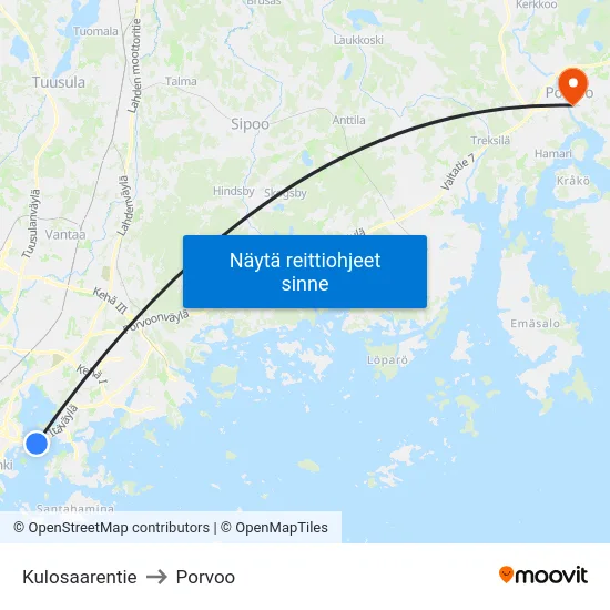 Kulosaarentie to Porvoo map