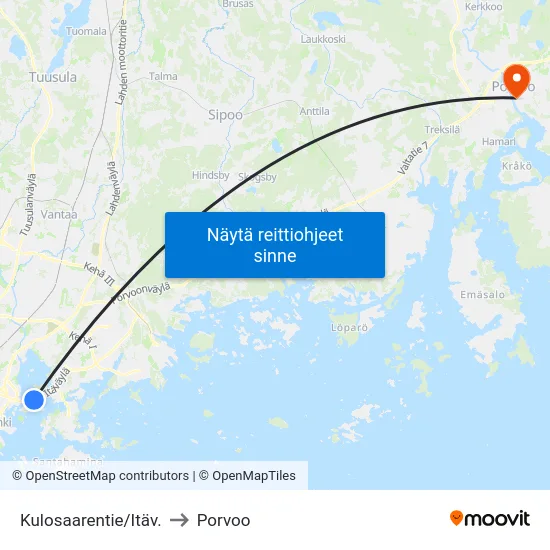 Kulosaarentie/Itäv. to Porvoo map