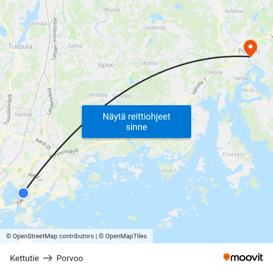 Kettutie to Porvoo map
