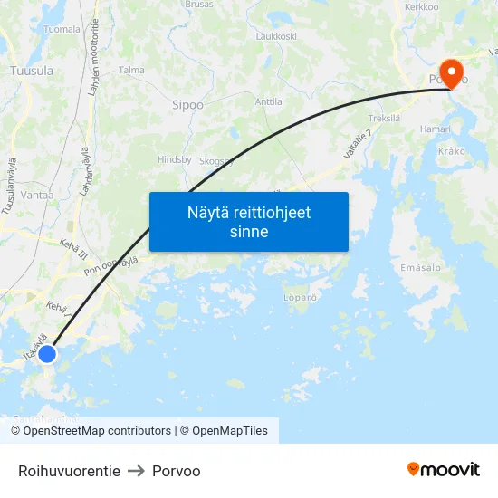 Roihuvuorentie to Porvoo map