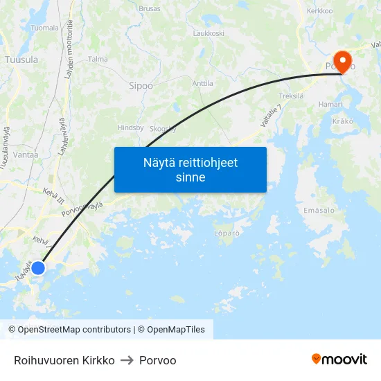 Roihuvuoren Kirkko to Porvoo map