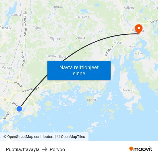 Puotila/Itäväylä to Porvoo map