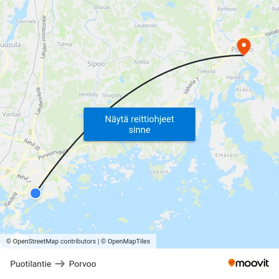 Puotilantie to Porvoo map