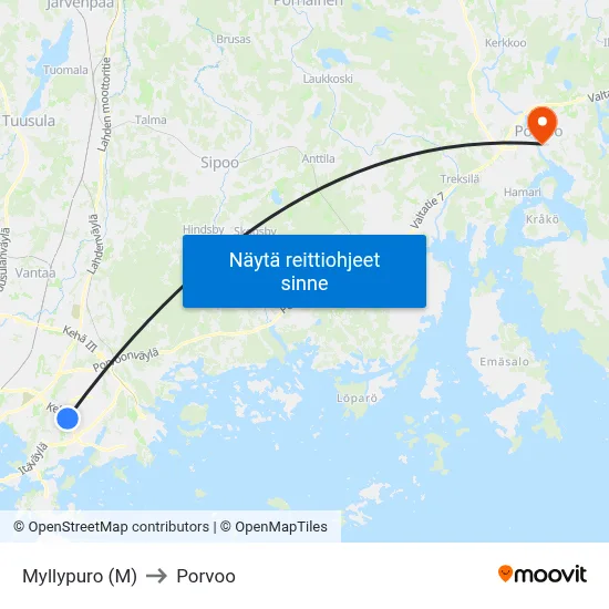 Myllypuro (M) to Porvoo map