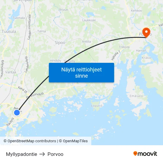Myllypadontie to Porvoo map