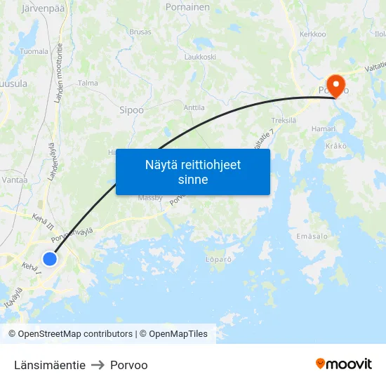 Länsimäentie to Porvoo map