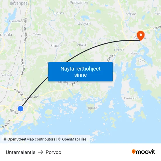 Untamalantie to Porvoo map