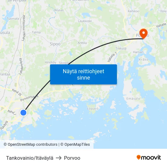 Tankovainio/Itäväylä to Porvoo map