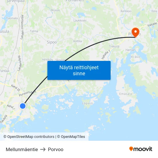 Mellunmäentie to Porvoo map