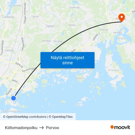 Kiiltomadonpolku to Porvoo map