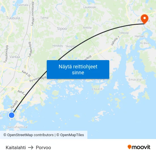 Kaitalahti to Porvoo map
