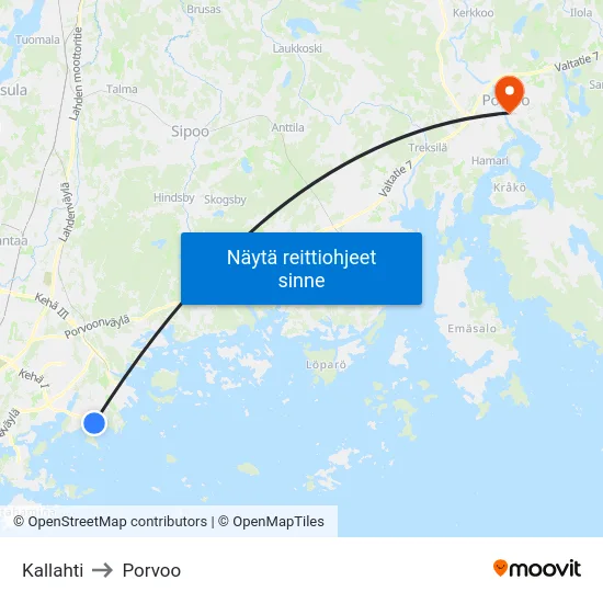 Kallahti to Porvoo map